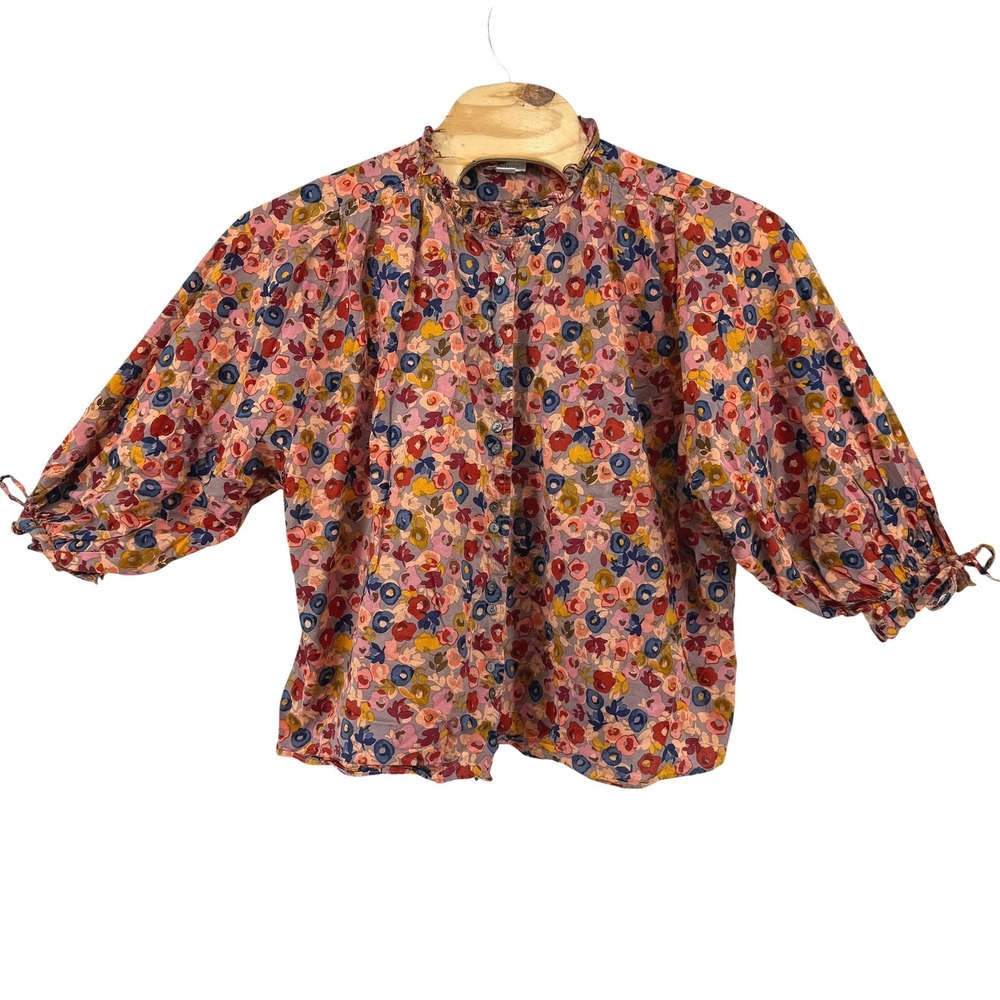Sundance XXL Fall Floral Cotton Puff Sleeve Ruffle Neck Button Front Blouse